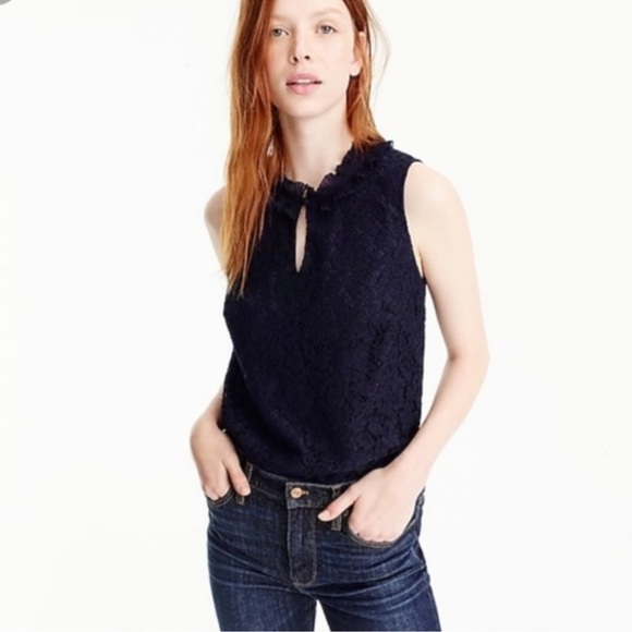 NWT J. Crew Lace Ruffle Neck Top Navy Blue Sleeveless - Picture 2 of 7